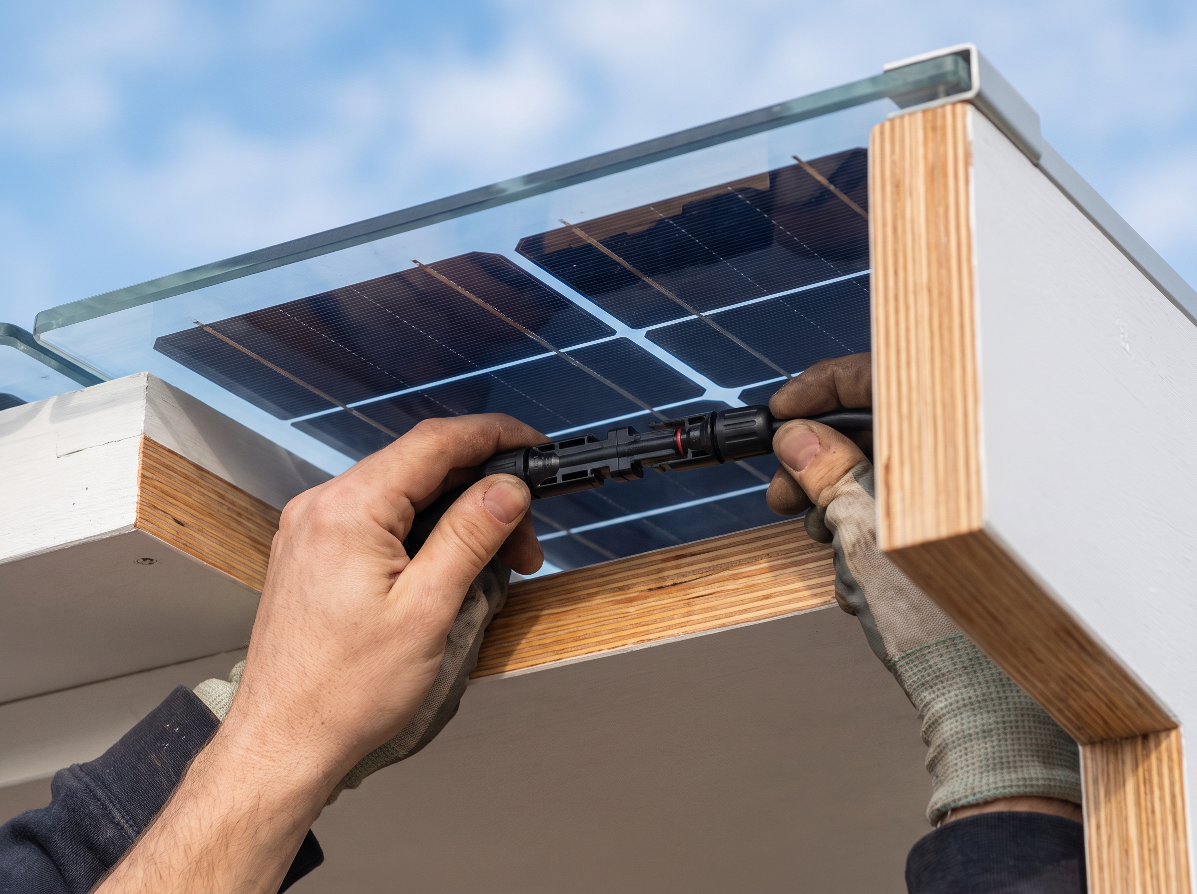 MC4-Steckverbinder werden unter einem Glas-Glas-Solarmodul zusammengesteckt