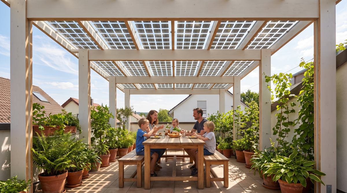 Familie unter fertiger Solar-Pergola mit semitransparenten Modulen und Schachbrett-Lichtschatten